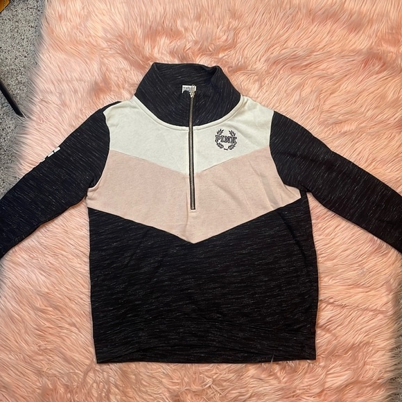 Victorias Secret Pink Colorblock Quarter Zip Pullover Sweatshirt Black Marl/Pink - Picture 1 of 6